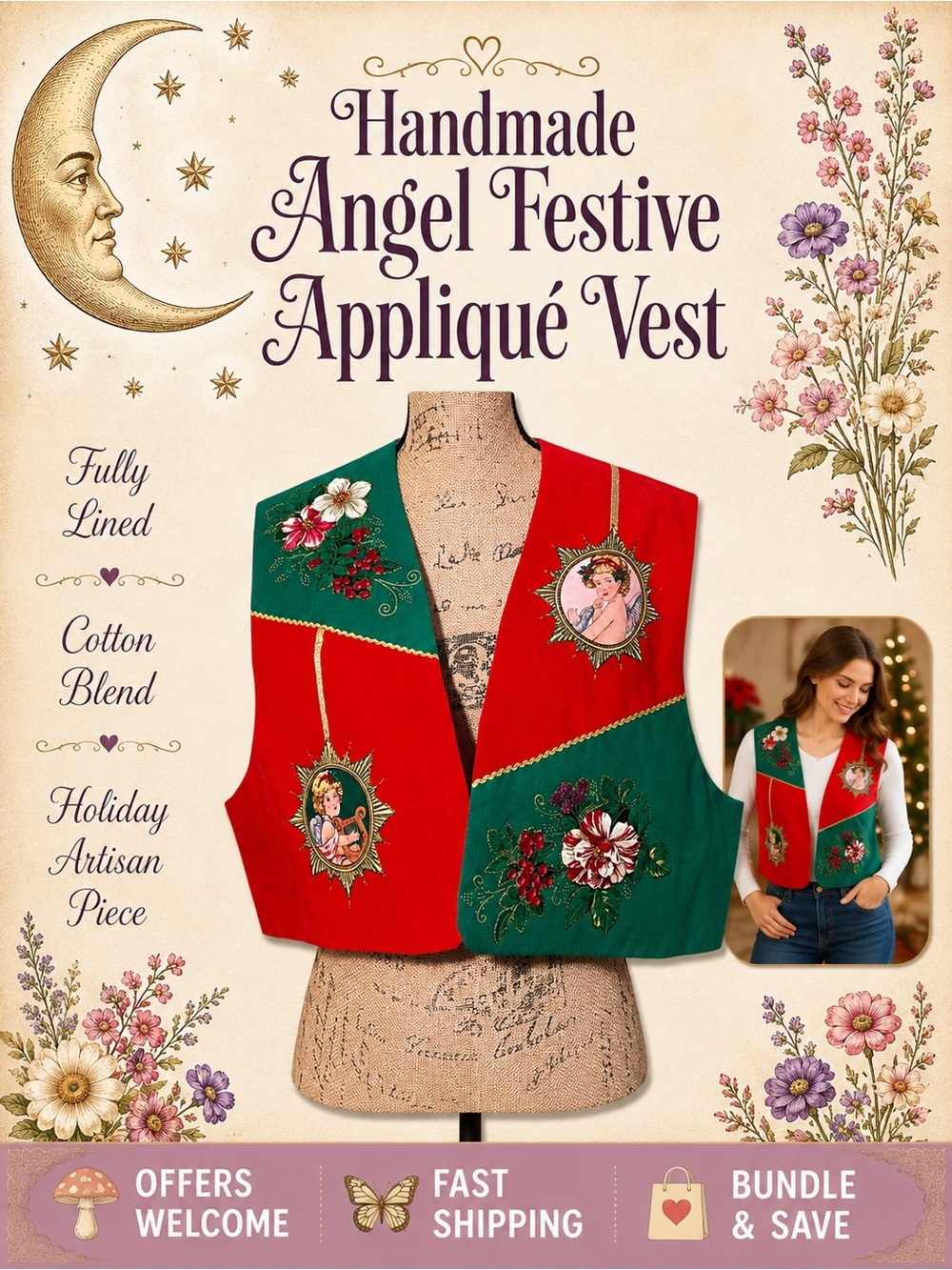 Handmade Angel Appliqué Vest Fully Lined Festive Holiday Wear